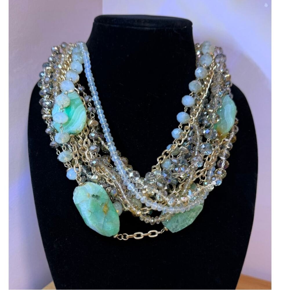 Multi Strand Crystal Bead Statement Necklace Mint Green Agate Gold Tone Boho